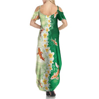 Hawaii And Japan Family Matching Summer Maxi Dress and Hawaiian Shirt Plumeria Lei With Koi Fish Green LT05 - Polynesian Pride
