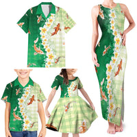 Hawaii And Japan Family Matching Tank Maxi Dress and Hawaiian Shirt Plumeria Lei With Koi Fish Green - Polynesian Pride