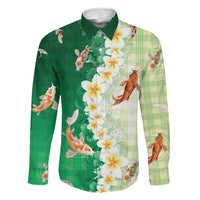 Hawaii And Japan Family Matching Tank Maxi Dress and Hawaiian Shirt Plumeria Lei With Koi Fish Green LT05 Dad's Shirt - Long Sleeve Green - Polynesian Pride