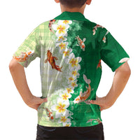 Hawaii And Japan Kid Hawaiian Shirt Plumeria Lei With Koi Fish Green - Polynesian Pride