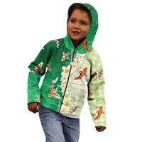 Hawaii And Japan Kid Hoodie Plumeria Lei With Koi Fish Green - Polynesian Pride