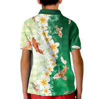 Hawaii And Japan Kid Polo Shirt Plumeria Lei With Koi Fish Green - Polynesian Pride
