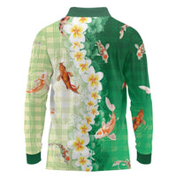 Hawaii And Japan Long Sleeve Polo Shirt Plumeria Lei With Koi Fish Green - Polynesian Pride