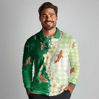 Hawaii And Japan Long Sleeve Polo Shirt Plumeria Lei With Koi Fish Green - Polynesian Pride