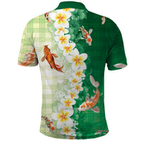 Hawaii And Japan Polo Shirt Plumeria Lei With Koi Fish Green - Polynesian Pride