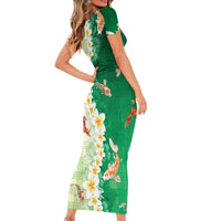 Hawaii And Japan Short Sleeve Bodycon Dress Plumeria Lei With Koi Fish Green - Polynesian Pride