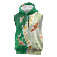 Hawaii And Japan Sleeveless Hoodie Plumeria Lei With Koi Fish Green - Polynesian Pride