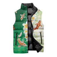 Hawaii And Japan Sleeveless Puffer Jacket Plumeria Lei With Koi Fish Green - Polynesian Pride