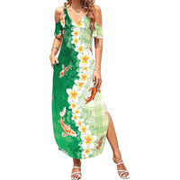 Hawaii And Japan Summer Maxi Dress Plumeria Lei With Koi Fish Green - Polynesian Pride