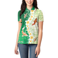 Hawaii And Japan Women Polo Shirt Plumeria Lei With Koi Fish Green - Polynesian Pride