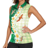 Hawaii And Japan Women Sleeveless Polo Shirt Plumeria Lei With Koi Fish Green - Polynesian Pride