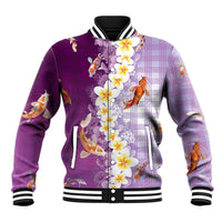 Hawaii And Japan Baseball Jacket Plumeria Lei With Koi Fish Purple - Polynesian Pride