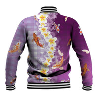 Hawaii And Japan Baseball Jacket Plumeria Lei With Koi Fish Purple - Polynesian Pride