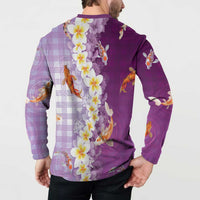 Hawaii And Japan Button Sweatshirt Plumeria Lei With Koi Fish Purple - Polynesian Pride