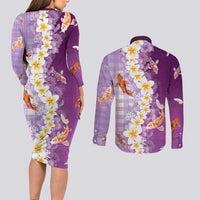Hawaii And Japan Couples Matching Long Sleeve Bodycon Dress and Long Sleeve Button Shirt Plumeria Lei With Koi Fish Purple - Polynesian Pride