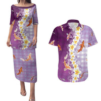 Hawaii And Japan Couples Matching Puletasi and Hawaiian Shirt Plumeria Lei With Koi Fish Purple - Polynesian Pride