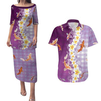 Hawaii And Japan Couples Matching Puletasi and Hawaiian Shirt Plumeria Lei With Koi Fish Purple LT05 Purple - Polynesian Pride