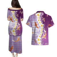 Hawaii And Japan Couples Matching Puletasi and Hawaiian Shirt Plumeria Lei With Koi Fish Purple - Polynesian Pride