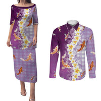 Hawaii And Japan Couples Matching Puletasi and Long Sleeve Button Shirt Plumeria Lei With Koi Fish Purple LT05 Purple - Polynesian Pride