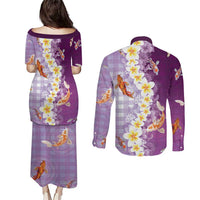 Hawaii And Japan Couples Matching Puletasi and Long Sleeve Button Shirt Plumeria Lei With Koi Fish Purple LT05 - Polynesian Pride