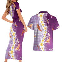 Hawaii And Japan Couples Matching Short Sleeve Bodycon Dress and Hawaiian Shirt Plumeria Lei With Koi Fish Purple LT05 - Polynesian Pride