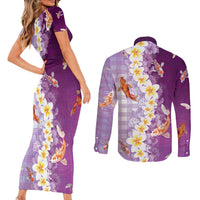 Hawaii And Japan Couples Matching Short Sleeve Bodycon Dress and Long Sleeve Button Shirt Plumeria Lei With Koi Fish Purple - Polynesian Pride