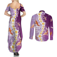 Hawaii And Japan Couples Matching Summer Maxi Dress and Long Sleeve Button Shirt Plumeria Lei With Koi Fish Purple - Polynesian Pride