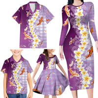 Hawaii And Japan Family Matching Long Sleeve Bodycon Dress and Hawaiian Shirt Plumeria Lei With Koi Fish Purple - Polynesian Pride