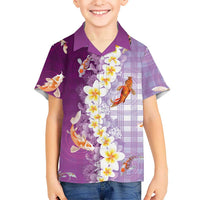 Hawaii And Japan Family Matching Long Sleeve Bodycon Dress and Hawaiian Shirt Plumeria Lei With Koi Fish Purple LT05 Son's Shirt Purple - Polynesian Pride