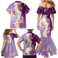 Hawaii And Japan Family Matching Mermaid Dress and Hawaiian Shirt Plumeria Lei With Koi Fish Purple LT05 - Polynesian Pride