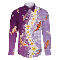 Hawaii And Japan Family Matching Off The Shoulder Long Sleeve Dress and Hawaiian Shirt Plumeria Lei With Koi Fish Purple - Polynesian Pride