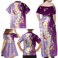 Hawaii And Japan Family Matching Off Shoulder Maxi Dress and Hawaiian Shirt Plumeria Lei With Koi Fish Purple - Polynesian Pride