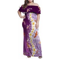 Hawaii And Japan Family Matching Off Shoulder Maxi Dress and Hawaiian Shirt Plumeria Lei With Koi Fish Purple - Polynesian Pride