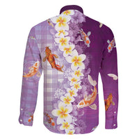 Hawaii And Japan Family Matching Off Shoulder Short Dress and Hawaiian Shirt Plumeria Lei With Koi Fish Purple - Polynesian Pride