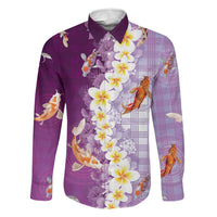 Hawaii And Japan Family Matching Puletasi and Hawaiian Shirt Plumeria Lei With Koi Fish Purple LT05 Dad's Shirt - Long Sleeve Purple - Polynesian Pride