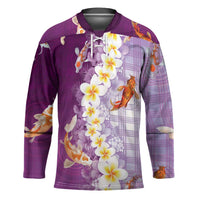Hawaii And Japan Hockey Jersey Plumeria Lei With Koi Fish Purple - Polynesian Pride