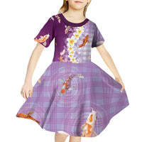 Hawaii And Japan Kid Short Sleeve Dress Plumeria Lei With Koi Fish Purple - Polynesian Pride