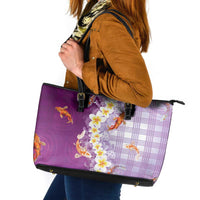 Hawaii And Japan Leather Tote Bag Plumeria Lei With Koi Fish Purple - Polynesian Pride