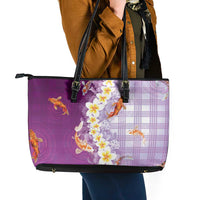 Hawaii And Japan Leather Tote Bag Plumeria Lei With Koi Fish Purple - Polynesian Pride