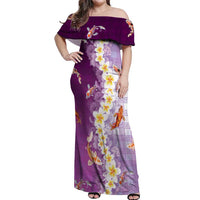 Hawaii And Japan Off Shoulder Maxi Dress Plumeria Lei With Koi Fish Purple - Polynesian Pride