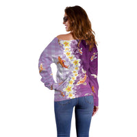 Hawaii And Japan Off Shoulder Sweater Plumeria Lei With Koi Fish Purple - Polynesian Pride