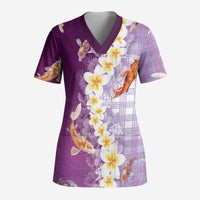 Hawaii And Japan Scrub Top Plumeria Lei With Koi Fish Purple - Polynesian Pride