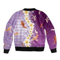 Hawaii And Japan Sleeve Zip Bomber Jacket Plumeria Lei With Koi Fish Purple - Polynesian Pride