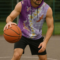 Hawaii And Japan Sleeveless Hoodie Plumeria Lei With Koi Fish Purple - Polynesian Pride