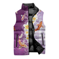 Hawaii And Japan Sleeveless Puffer Jacket Plumeria Lei With Koi Fish Purple - Polynesian Pride