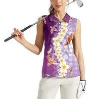 Hawaii And Japan Women Sleeveless Polo Shirt Plumeria Lei With Koi Fish Purple - Polynesian Pride