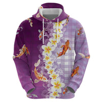 Hawaii And Japan Zip Hoodie Plumeria Lei With Koi Fish Purple - Polynesian Pride