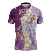 Hawaii And Japan Zipper Polo Shirt Plumeria Lei With Koi Fish Purple - Polynesian Pride