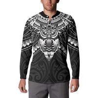 New Zealand Morepork Button Sweatshirt Maori Pattern Black LT05 - Polynesian Pride