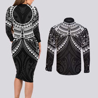 New Zealand Morepork Couples Matching Long Sleeve Bodycon Dress and Long Sleeve Button Shirt Maori Pattern Black LT05 - Polynesian Pride